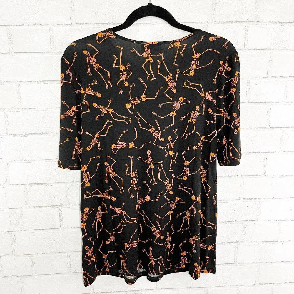 Modcloth Black & Orange Halloween Spooky Dancing Skeleton Print Tee Shirt - Picture 2 of 6